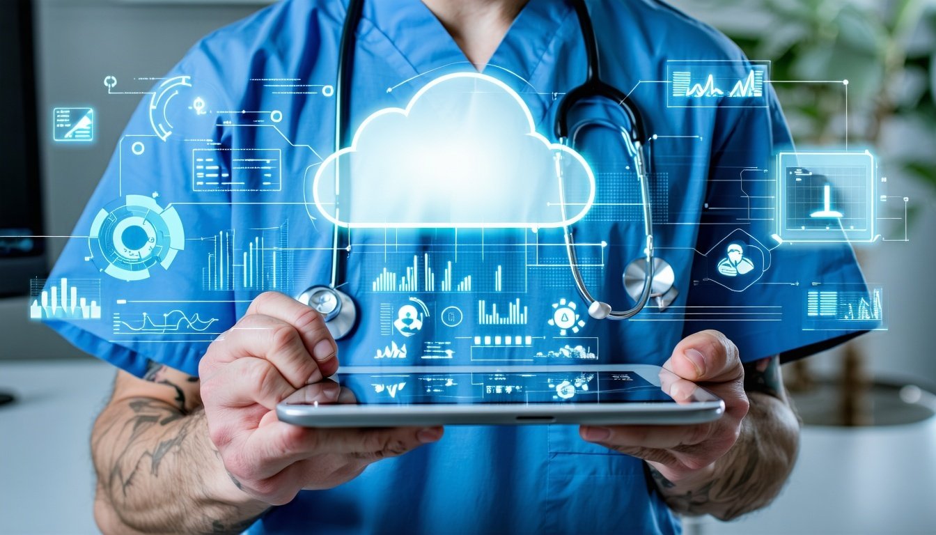A healthcare professional analyzing cloud data on